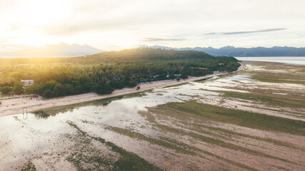 An aerial view of Gili Trawangan, Lombok, Indonesia with morning surise sunlight