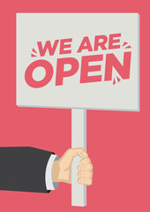 Retail Store Open promotion shoutout with a placard banner against a red background.