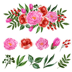 pink peonies and red flowers element isolated