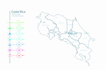 costa rica map. detailed central america country map vector. 
