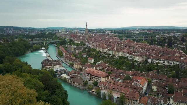 Aerial view of Bern, Swiss capital. Historic downtown, Aare river, panoramic view,