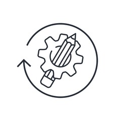 Refresh arrow, pencil and gear. Updating of scientific and creative opportunities, potential. Vector linear icon isolated on white background.