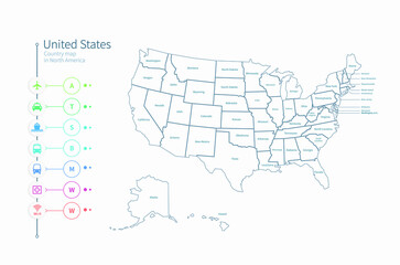 usa. united states map. detailed south america country map vector. 