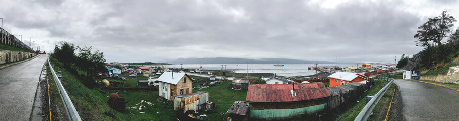Obraz premium Super wide panorama of Puerto Williams in a cloudy day, Chilean Patagonia