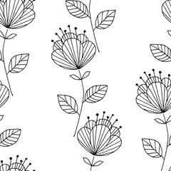 Seamless floral pattern. Black-and-white contour drawing of decorative flowers. Vector image. Print for fabric, wrappers.