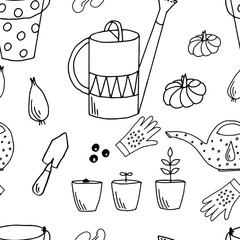 Vector seamless pattern. Black-and-white outline drawing of gardening items.