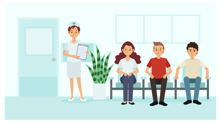 Patients waiting in the hospital/clinic for doctor,nurse is in front of the room. flat cartoon character Vector illustration