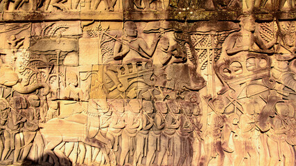 It's Drawing of the part of the army on the Bayon, Khmer temple at Angkor in Cambodia. Official...