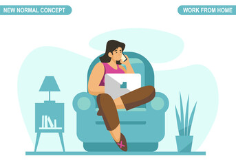 New normal concept. Young woman working or study at home. Self-quarantine to prevent from coronavirus COVID -19. Freelancer lifestyle. Home schooling. Scalable and editable vector illustration.