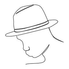 one line continuous drawing man using fedora hat looking down