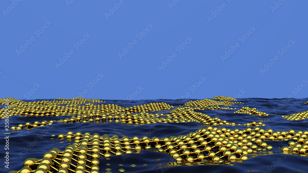 Poster abstract business science or technology background with golden lattice over the water surface. 3d il