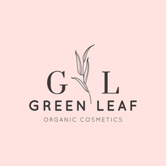 Willow branch with leaves logo design template in simple minimal linear style. Abstract Feminine Vector Signs