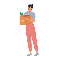 Cartoon vector illustration. Employee fired from work. Loss job. Dismissed woman carrying box with her things. Unemployment concept, job reduction. Vector flat illustration isolated on white.