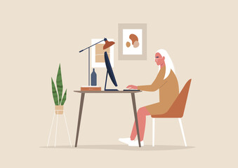 Fototapeta premium Young female character working at the office, posters and plants, cozy workplace interior, millennials at work