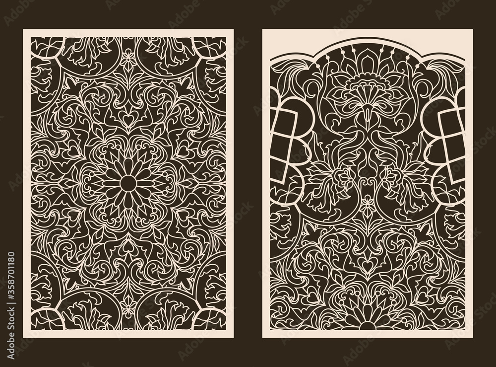 Wall mural set of 2 wedding invitation or greeting card with lace pattern. layout congratulatory card with carv