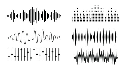 Set Black Collection Abstract Elements Audio Waves Voice Sound Music Shapes Vector Design Style - obrazy, fototapety, plakaty