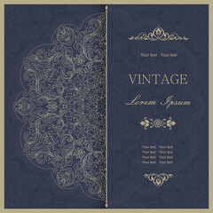 Fototapeta na wymiar Template greeting card, invitation and advertising banner, brochure with space for text. Vintage Invitation or wedding card with lacy mandala and elegant floral elements in dark blue and gold