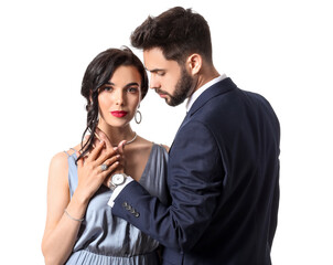 Young couple wearing stylish accessories on white background