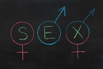 The word SEX is written in the gender symbols of men and women and the symbol of gender equality. Drawing on a chalk Board
