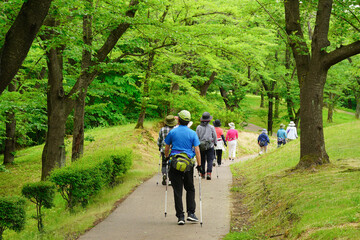 公園でウォーキングをする人々の後ろ姿