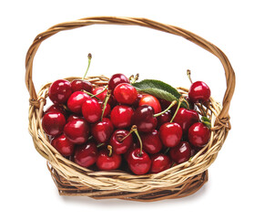 Basket with sweet cherry on white background