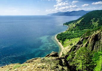 View above big beautiful lake, Baikal lake, Russia - obrazy, fototapety, plakaty