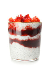 Tasty strawberry dessert in glass on white background