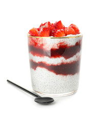 Tasty strawberry dessert in glass on white background