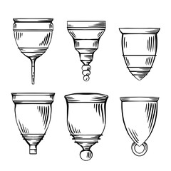 Set of sketch various menstrual cups with strokes. Zero waste objects. Eco friendly womens health. Organic hygiene products. Vector object for banners, icons, logos and your design.