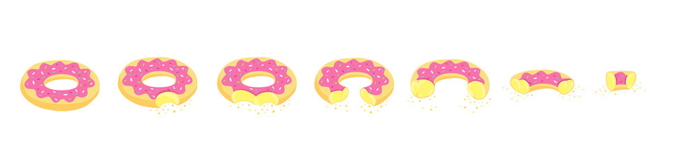 Eating stages a donut. Bit size off a piece. Pink cream. Dessert scale. Isometric view. Hand drawn sketch. Animation progression infographic.