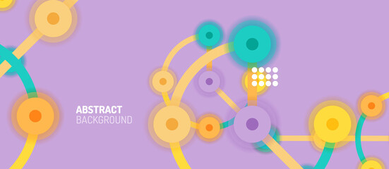 Flat style geometric abstract background, round dots or circle connections on color background. Technology network concept.