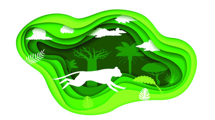 Eco Green Paper Cut Background Vector Nature Animal Clouds Forest With Cheetah