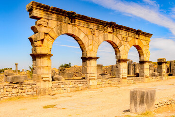 It's Ruins of Volubilis, an excavated Berber and Roman city in Morocco, ancient capital of the kingdom of Mauretania. UNESCO World Heritage