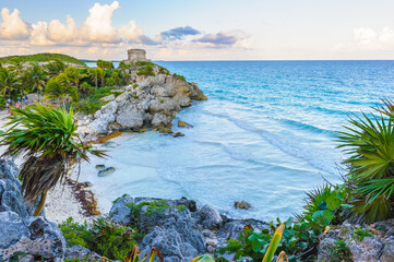 It's Mayan castle, God of Winds Temple, on the rock over the ocean in Tulum, Yucatan, Mexico