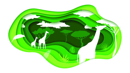 Eco Green Paper Cut Background Vector Nature Animal Clouds Forest With Giraffe