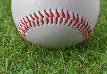 Baseball on green grass, Close up