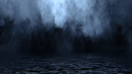 Mystic blue fog on coastal. Paranormal smoke on black background. Stock illustration. Reflection on water.