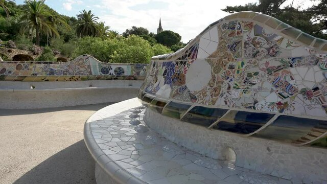 BARCELONA, CATALONIA, SPAIN - JUNE 17, 2020: The park most visited by tourists in Barcelona, Parc G&uuml;ell, during the Covid-19 doesn't have a tourist. You can only see a neighbor of the city walking.