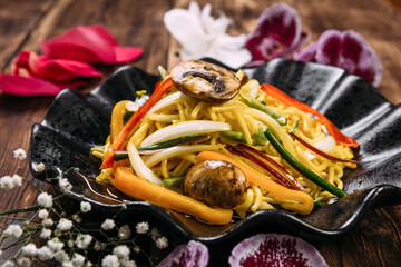 Mushrooms and vegetables udon wok noodles