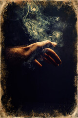 hand in smoke on black background. Old photo effect.