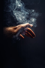 Fototapeta na wymiar hand in smoke on black background.