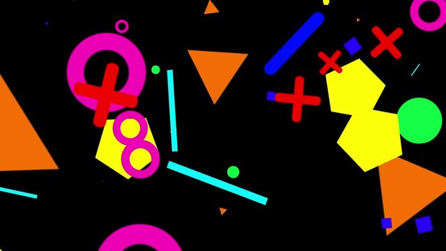 Abstract animation. Simple forms. Loopable sequence. Geometric shapes are falling. Vanguard. animated screensaver on a black background. multi-colored. Modern design