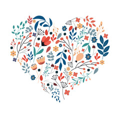 Cute art with flowers, leaves and branches in the shape of a heart. Love symbol. Valentines day background. Design for banner, poster or print