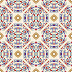 Seamless colorful patchwork. Vintage multicolor pattern in turkish style. Hand drawn background. Islam, Arabic, Indian, Mexican motifs. Vector