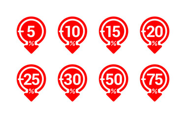 Stickers or tags for sales in pin form with arrow down and different percentage - 5, 10, 15, 20, 25, 30 50 and 75