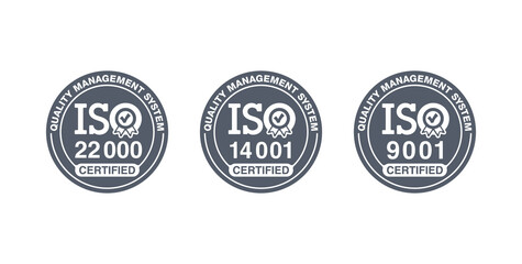 ISO 9001, 14001 and 22000 certified stamps collection - quality management system international standard emblems set - isolated vector signs