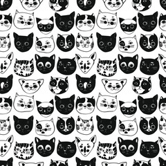 breeds of cats. many different characteristic cat faces. Seamless vector pattern on a white background.