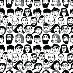 vector portraits, different faces and types of people, men, women, old people, girls and young people. seamless vector pattern with graphic pattern of different faces of the crowd