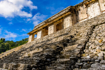 Close view of the Palace of Palenque, was a pre-Columbian Maya civilization of Mesoamerica. Known as Lakamha (Big Water). UNESCO World Heritage