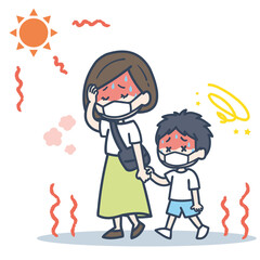 炎天下でマスクを付けた親子のイラスト